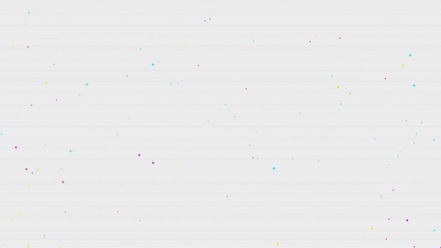 Abstract animation of colorful particles drifting across a white background with thin horizontal lines.