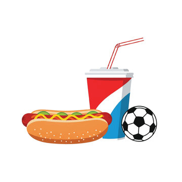 Still life of a hot dog and a soda cup with a soccer ball icon, representing North American matchday food culture, bright pop art colors, minimalist flat vector artwork, clipart style, absolute