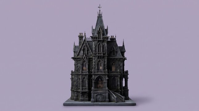A highly detailed miniature gothic cathedral model isolated against a solid light purple background for architectural design