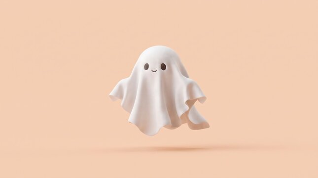 A cute little white ghost character floating on a soft pastel orange background for halloween design projects