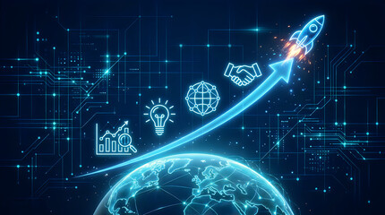 Fototapeta premium Digital illustration of a rocket ship launching from earth with business icons representing growth and global startup success in a dark blue futuristic space background isolated on transparent backgro