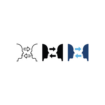 A collection of three minimalist icons representing interpersonal communication empathy and dialogue between two human head silhouettes with directional arrows.