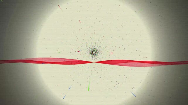 Abstract multi-layer animation featuring a red wave and moving particles on a scanline background.