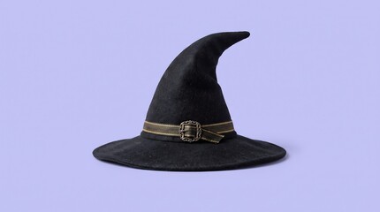 Obraz premium A black witch hat with a decorative gold band isolated on a soft purple background
