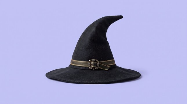 A black witch hat with a decorative gold band isolated on a soft purple background