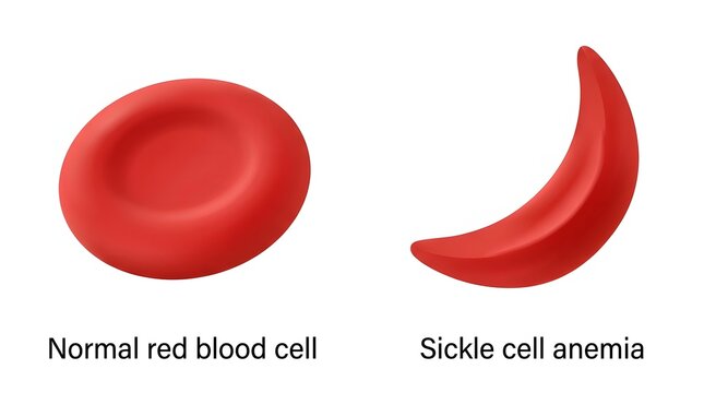A detailed illustration visually compares a normal healthy round red blood cell to a crescent shaped sickle cell illustrating the effects of anemia