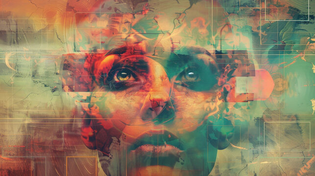 Abstract portrait of human face with digital glitch art effect in vibrant neon colors and pixelated texture