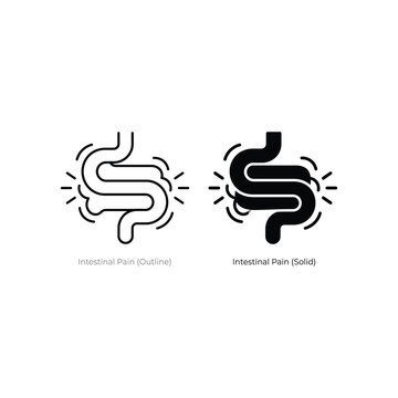 A set of two icons representing the human intestinal tract and digestive system showing bowel health and anatomy in outline and silhouette styles.