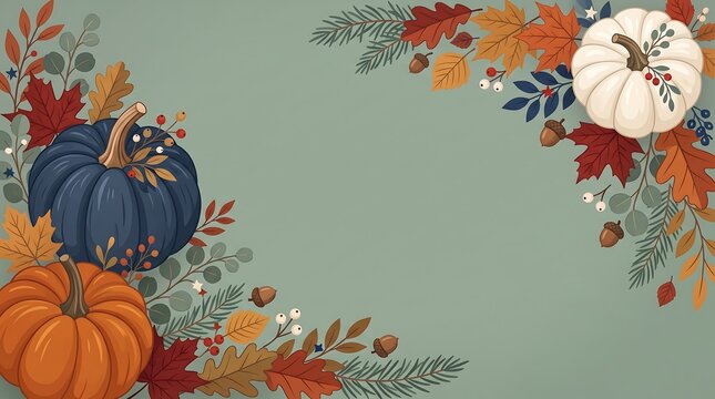 A festive autumn background featuring pumpkins and fall foliage that can be used for seasonal designs including memorial day holiday themes
