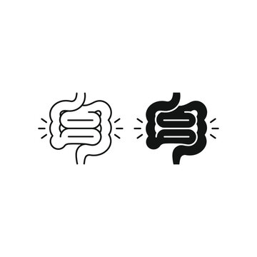 A set of two icons representing the human intestinal tract and digestive system showing bowel health and anatomy in outline and silhouette styles.