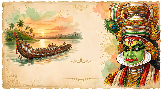 Traditional kathakali dancer portrait with a snake boat racing on the kerala backwaters at sunset isolated on transparent background