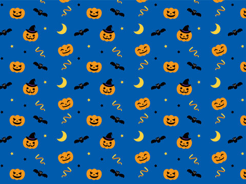 可愛いハロウィンのフラットアイコンを敷き詰めた青い壁紙（Illustrator ver.CC・パターンスウォッチ）