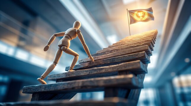Wooden mannequin climbing stairs towards glowing flag symbolizing success and achievement in a dynamic composition