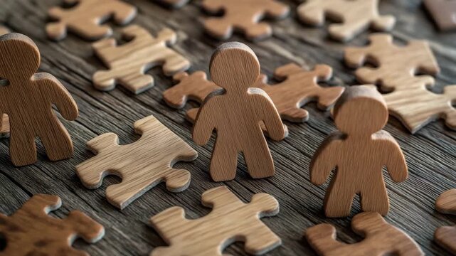 Wooden puzzle pieces and human figures are organized on a wooden table as participants work on a group project together