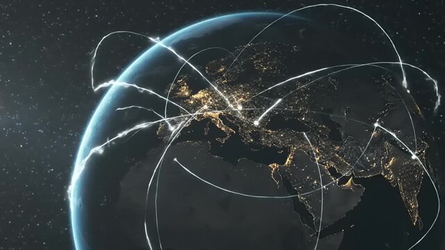 Global network connections over Earth at night from space.