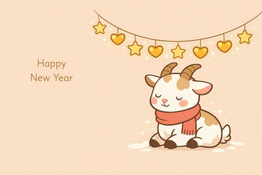 Cute cartoon goat wearing a scarf with string lights and hearts happy new year greeting card background for holiday poster and banner design