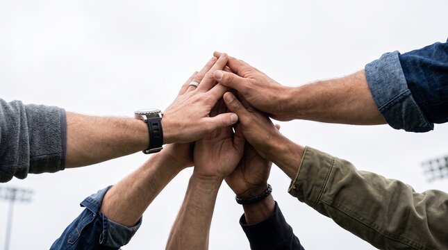 Diverse group of people stacking hands together in a symbol of unity and team cooperation.