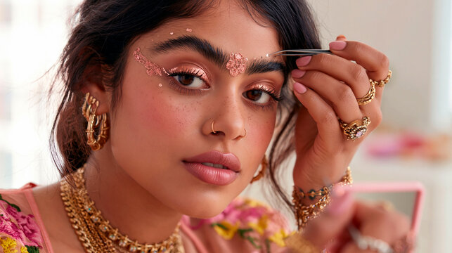 Closeup beauty portrait of a woman applying delicate pink lace makeup with tweezers, featuring gold jewelry, glossy lips and creative fashion styling