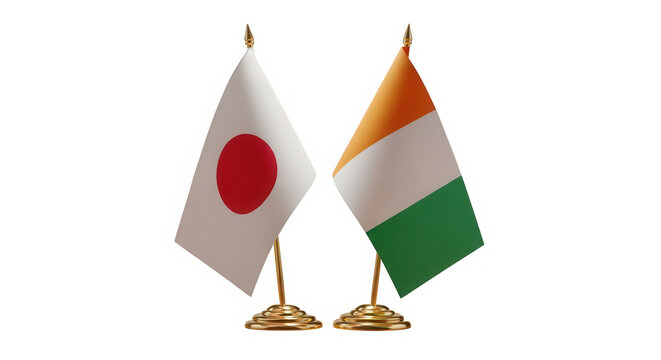 Japan and ivory coast small desk flags standing together isolated on transparent background