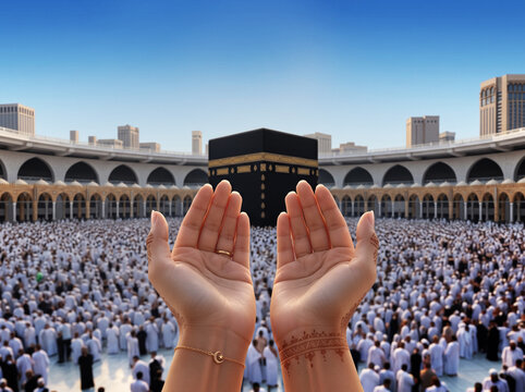 Muslim Hands Raised in Prayer with Holy Kaaba and Pilgrims at Mecca During Sunset