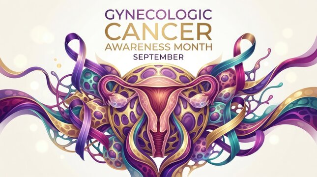 Gynecologic Cancer Awareness Month September ornamental banner with ribbon and floral artwork