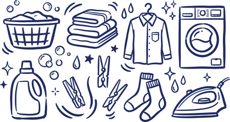 Laundry and washing care vector doodle set with machine, detergent, clothes, and iron icons © Mohsin