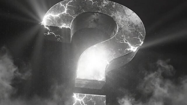 Epic and powerful black and white animated question mark with lightning and smoke effect