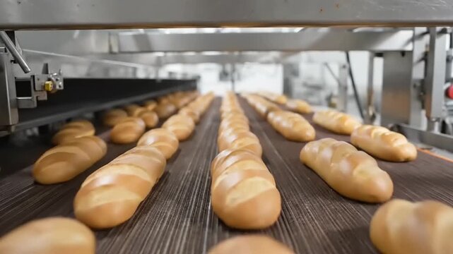 Freshly baked baguettes moving on a conveyor belt in a bakery.
