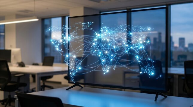 Global digital network connection visualization displayed on office monitor