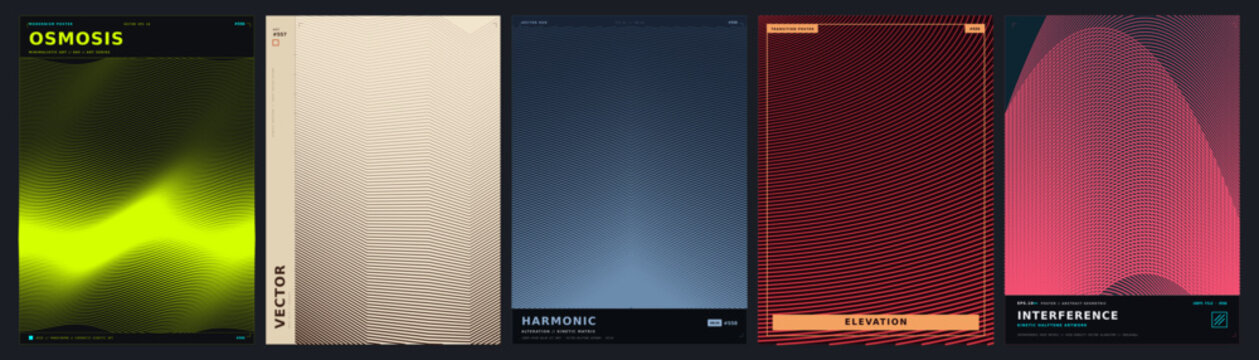 Set of five modern abstract kinetic typography posters featuring generative algorithmic line art patterns with neon colors in a Swiss style grid layout design for tech branding