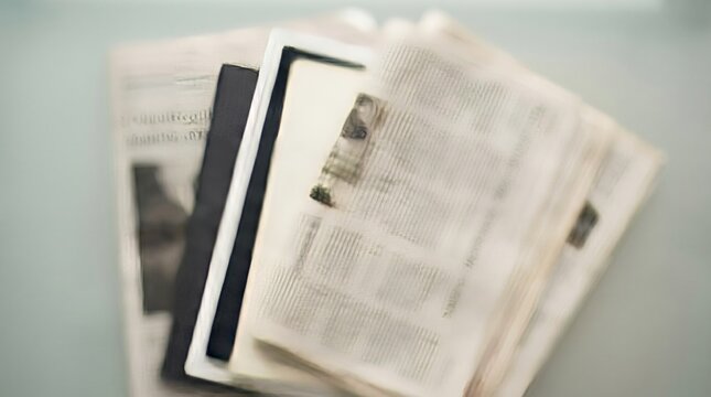 Open newspaper with black bookmark on neutral surface