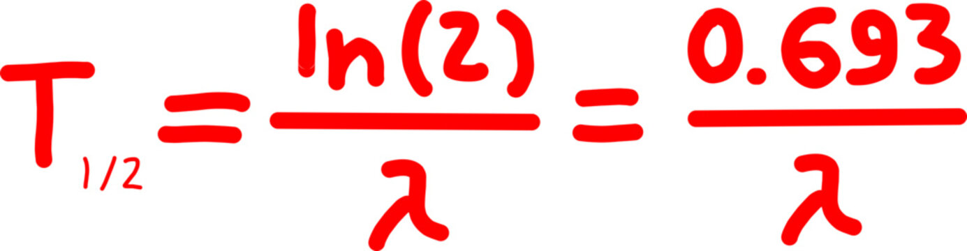 Mathematical half-life formula showing T1/2 equals ln(2) over lambda, written in red hand-drawn text on a clean white background.