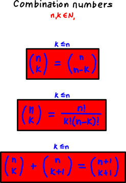 Mathematical formulas for combination numbers and binomial coefficients highlighted in red boxes, hand-drawn on a clean white background.
