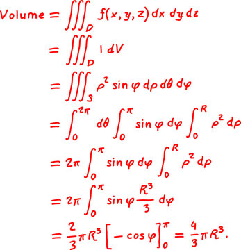 Mathematical derivation of the volume of sphere using triple integrals in spherical coordinates, written in red handwriting on clean white background.