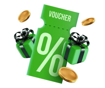 Green discount voucher with gift boxes and golden coins.