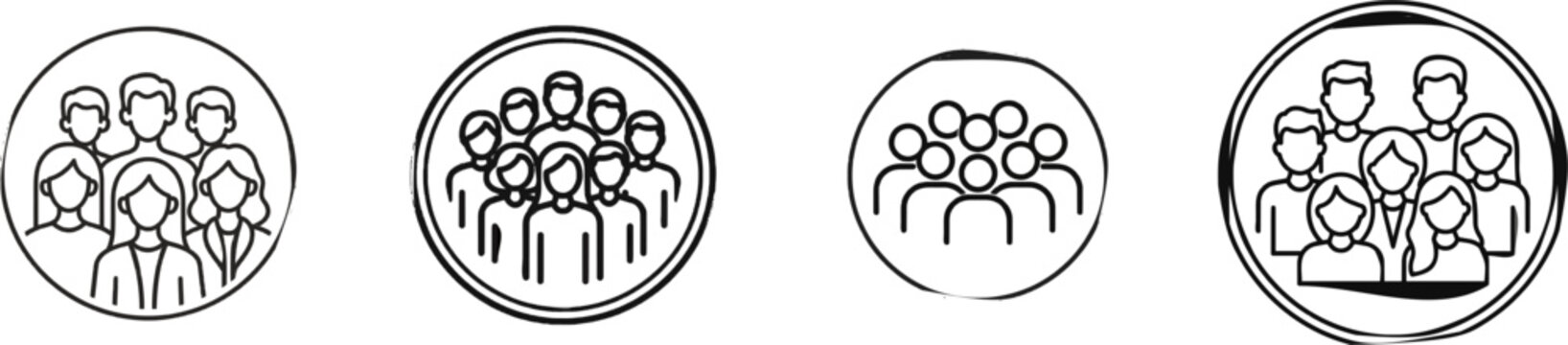 The image depicts a black and white flat vector illustration of a multicultural group icon within a circular inclusivity frame, featuring five diverse individuals with clean line art against a pure