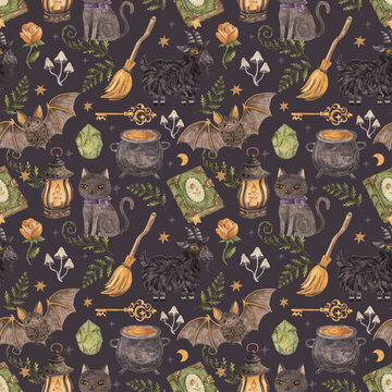 Watercolor witchcraft seamless pattern with black goat, cat, bat and magical objects on dark background