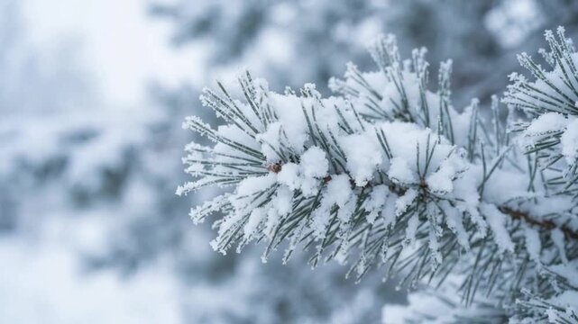 Close-up of a Pine Branch Covered in Fresh White Snow and Delicate Ice Frost on a Cold Winter Day