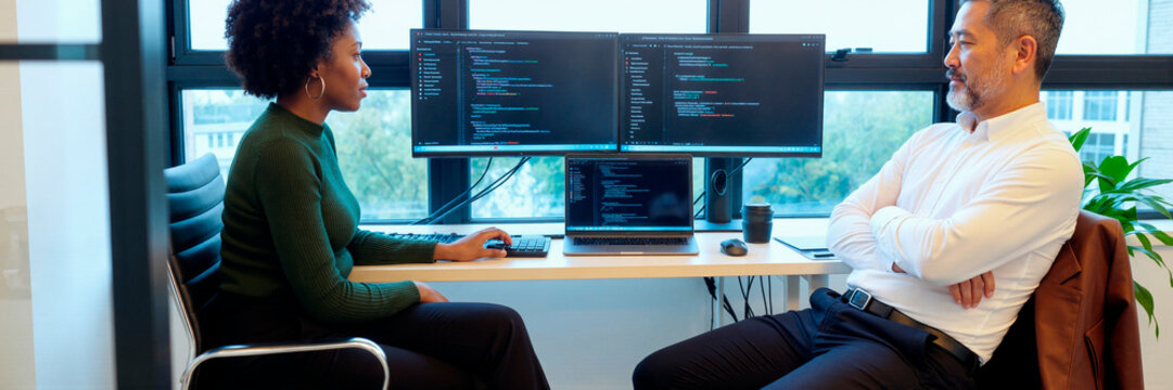 African American young adult woman developer discussing software code with middle aged Asian businessman at workstation. Ideal for tech teamwork, coding, consulting, innovation
