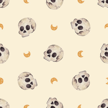 Watercolor skull seamless pattern with golden crescent moons on cream background