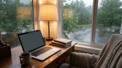 Fototapeta premium Cozy rainy season home office with tea