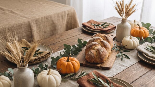 Warm harvest table setting with pumpkins and bread