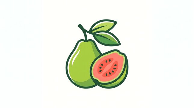 Vector illustration of a fresh green guava fruit with a half cut revealing pink flesh and seeds, isolated on a white background