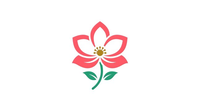 A simple and elegant stylized pink flower logo featuring a central bloom with a golden pistil, smooth green stem, and two leaves