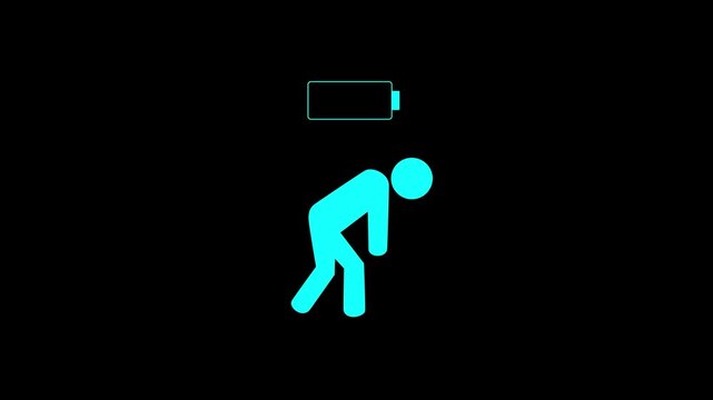Tired stick figure with low battery symbol above head on green screen background representing. Tired person with low battery symbolizes burnout. 4k video.