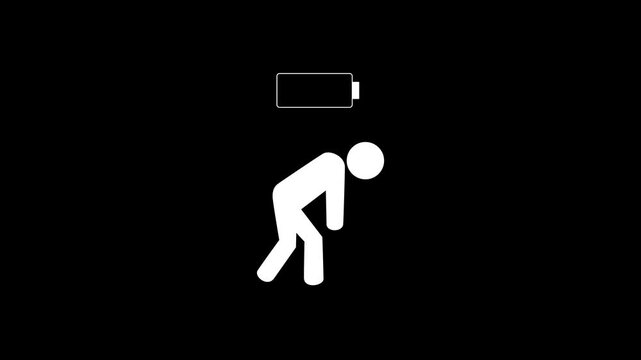 Tired stick figure with low battery symbol above head on green screen background representing. Tired person with low battery symbolizes burnout. 4k video.