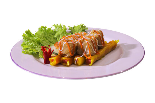 Crispy fried dim sum and sausage rolls isolated on transparent background