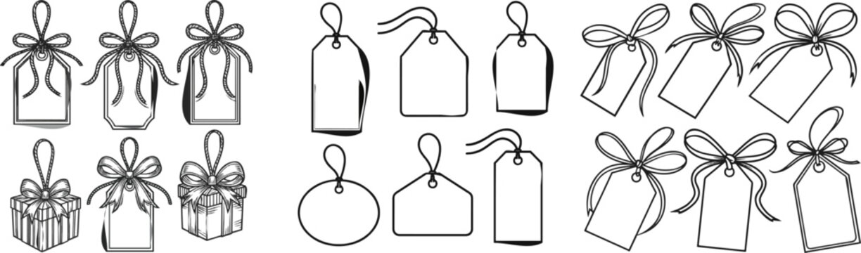 A minimalist black and white vector icon set features elegant holiday gift tags with varied designs, string ties, and festive bows against a pure white background