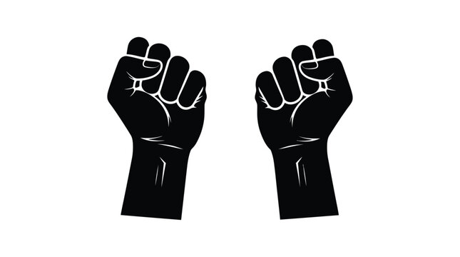 Two raised fists in silhouette against a white background