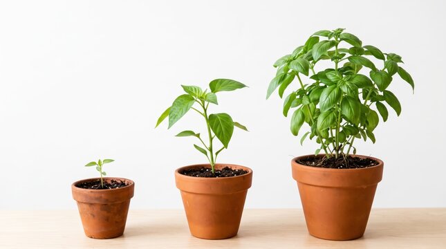Growth stages of fresh green basil plant in terracotta pots showing seedling to mature herb development, organic gardening agriculture, healthy natural food ingredient